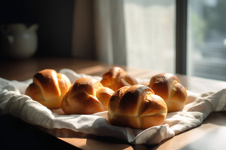 Homemade buns on the table near the window. Selective focus.の素材
