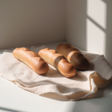 Freshly baked baguettes on a white tablecloth. Light from the window.の素材