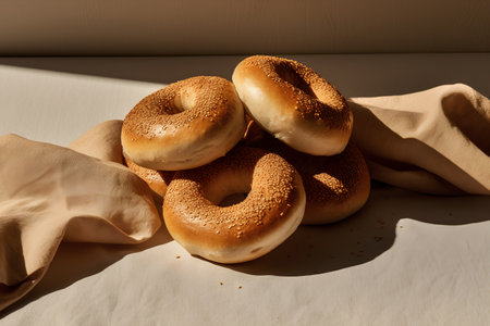 Bagels with sesame seeds on a white tablecloth.の素材