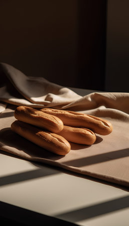 French baguettes on a table in the sunlight. Selective focus.の素材