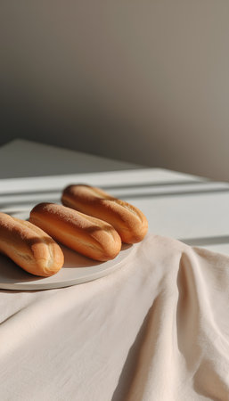 Three eclairs on a white plate on a light background.の素材