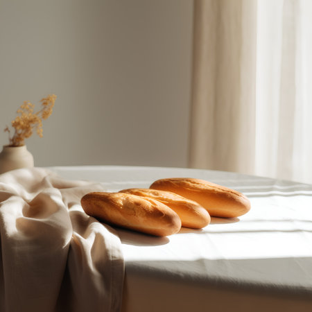 Freshly baked buns on a white tablecloth in the kitchenの素材