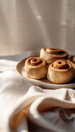Cinnamon rolls on a plate on a light background. Selective focus.の素材