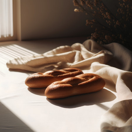 Bread on a linen tablecloth in sunlight. Toned.の素材