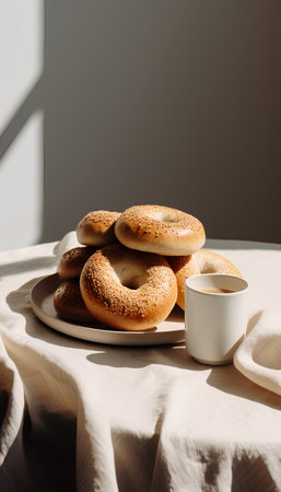delicious bagels with sesame seeds and cup of coffee on tableの素材