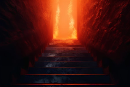 staircase leading to hell with fire in the sky concept illustrationの素材