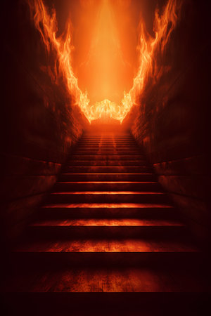 Fiery stairs in dark room with fire, 3d render illustrationの素材