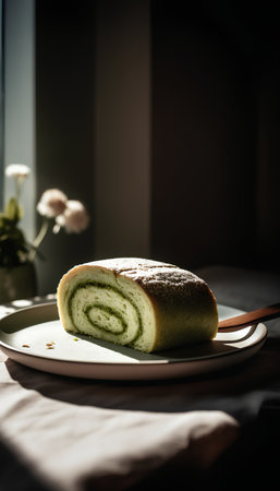 Sliced swiss roll cake on a plate. Selective focus.の素材