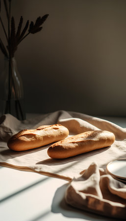 Freshly baked baguettes on linen napkin, cup of coffee on blurred backgroundの素材