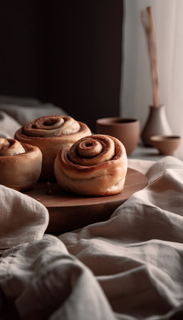 Homemade cinnamon rolls on a wooden board. Selective focus.の素材