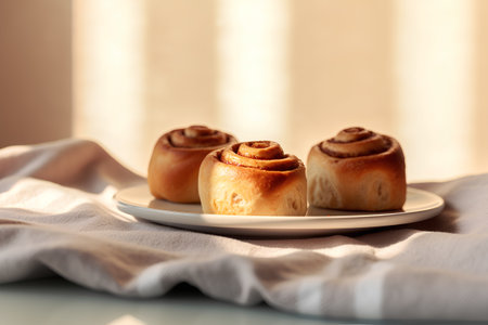 Cinnamon rolls on a white plate on a light background. Selective focus.の素材
