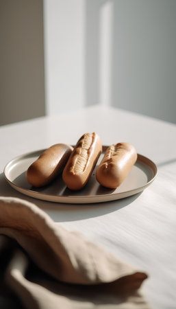 Delicious hot dogs on a plate on a white tablecloth.の素材