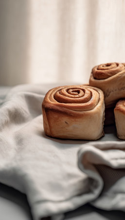 Freshly baked cinnamon rolls on a linen napkin. Selective focus.の素材