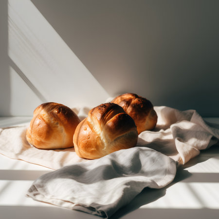 Freshly baked buns on a linen napkin on a white background.の素材