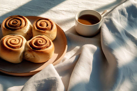 Cinnamon rolls on a plate with a cup of coffee on the bed in the morning sunlightの素材
