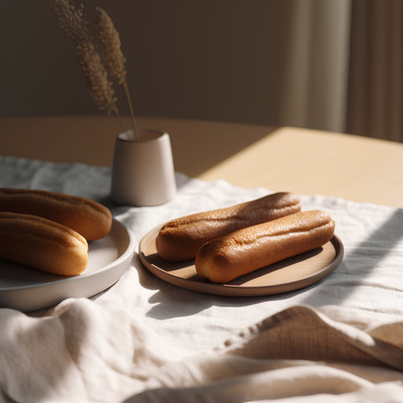 Three eclairs on a plate on a wooden table in the sunlightの素材