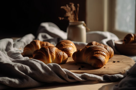 Freshly baked croissants on a wooden table. Selective focus.の素材