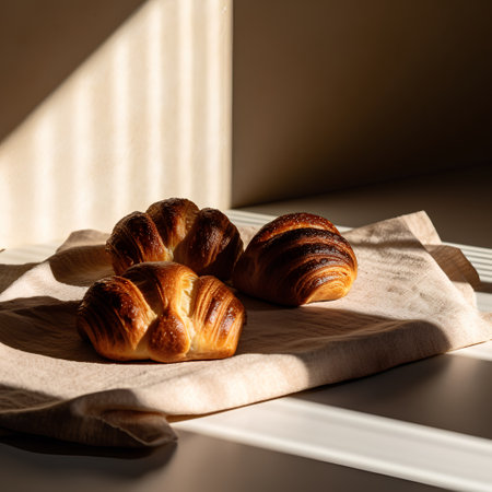 Freshly baked croissants on a linen napkin on a window sill in sunlightの素材