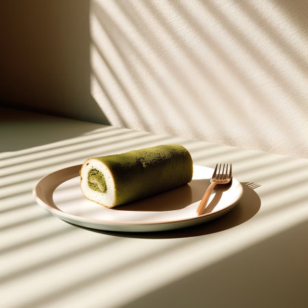 Cake roll with cream on a white plate with a fork and knife in the sunlightの素材