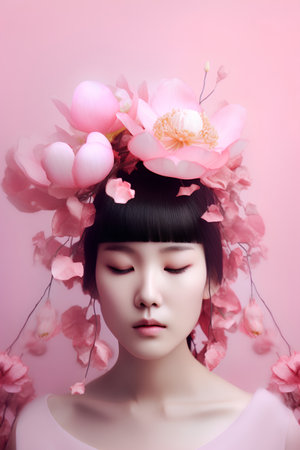 Beautiful asian girl with pink flowers on her head. Spring fashion.の素材