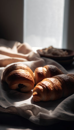Fresh croissants on the table in the morning light. Selective focus.の素材