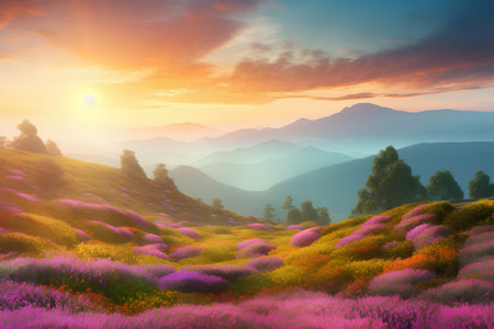 Landscape with blooming lavender flowers in the mountains at sunsetの素材