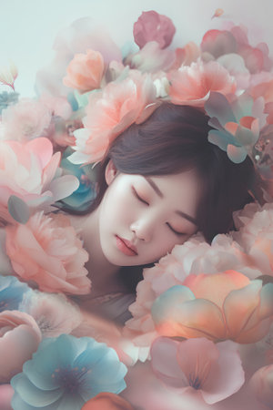 Beautiful asian woman face with flower background, asian beautyの素材