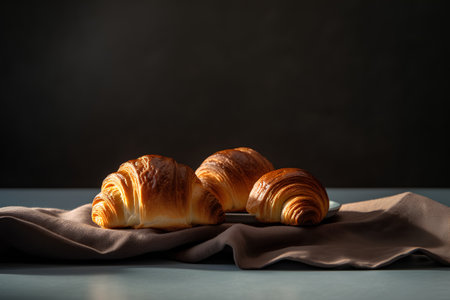 Freshly baked croissants on grey table. Dark background.の素材