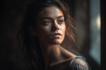 Portrait of a beautiful young woman with long brown hair and brown eyesの素材