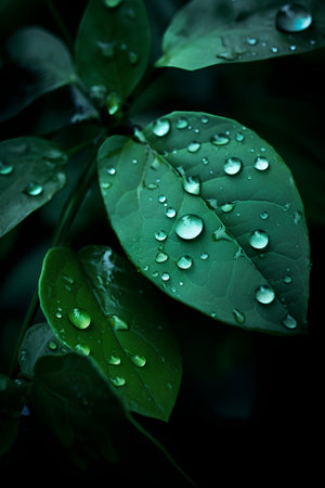 Green leaves with water drops. Nature background. Shallow depth of field.の素材