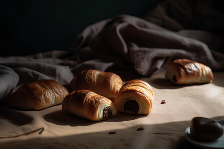 Freshly baked croissants with chocolate on the table. Selective focus.の素材