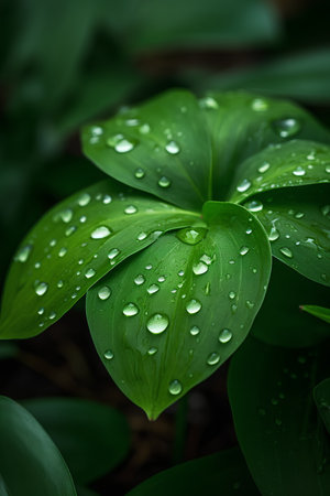 Water drops on green leaf after rain. Shallow depth of field.の素材