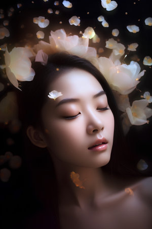 Beautiful asian woman with flower petals on black background.の素材