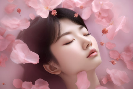 Beautiful asian woman with pink flower petals on her faceの素材