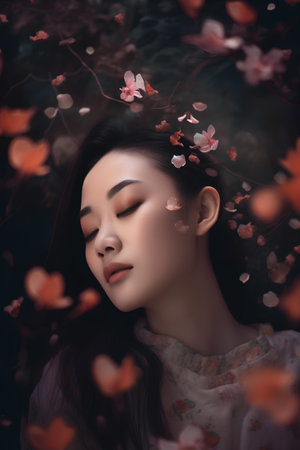 Portrait of a beautiful asian woman with cherry blossom backgroundの素材
