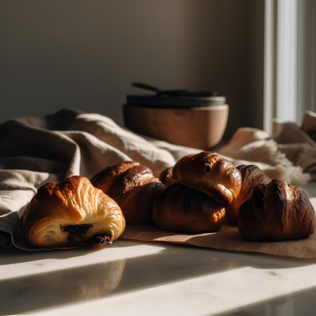 Freshly baked croissants on kitchen countertop. Selective focus.の素材