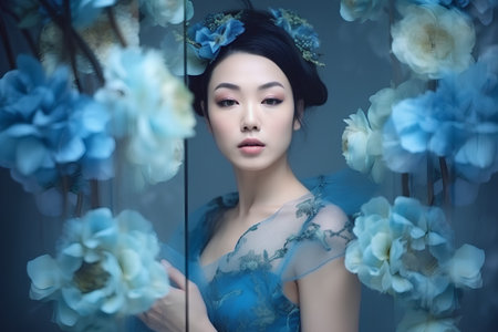 Portrait of beautiful asian woman with blue flowers in her hairの素材