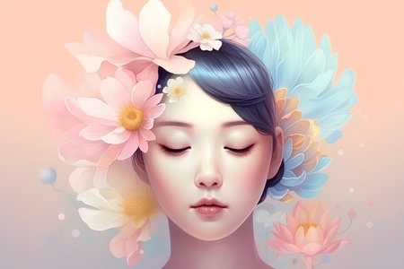 Beautiful young woman face with flowers in her hair. 3d renderingの素材