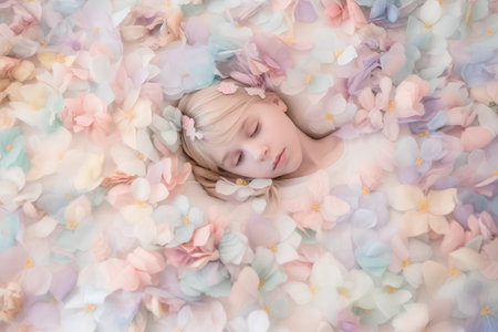 Beautiful girl lying in petals of hydrangea.の素材