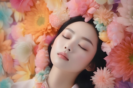 Portrait of a beautiful asian woman lying on the flowers backgroundの素材