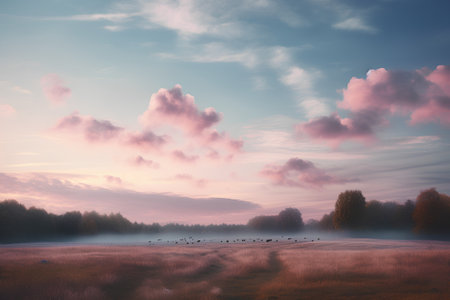 Foggy morning in the meadow. Colorful sky.の素材
