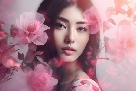Beautiful asian woman with pink flowers in her hair, fashion portraitの素材