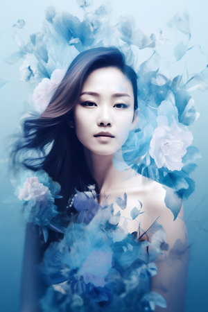 Beautiful asian woman with flowers over blue background. Beauty, fashion.の素材