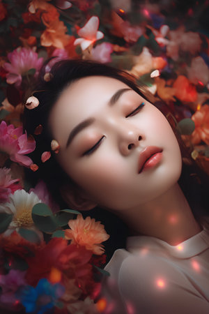 Beautiful young asian woman with flower petals on her face.の素材