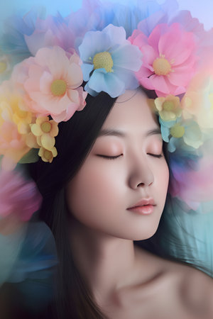 Beautiful young asian woman with flowers in her hair. Fashion portraitの素材