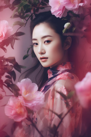 Beautiful asian woman with sakura flowers. Beauty and fashion.の素材