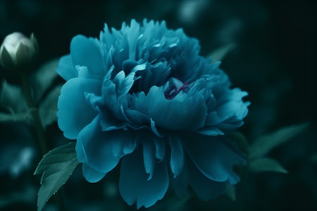Beautiful blue peony flower on a dark background. Toned.の素材