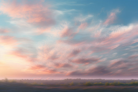 Fantasy landscape with foggy meadow and sunset. 3d renderの素材