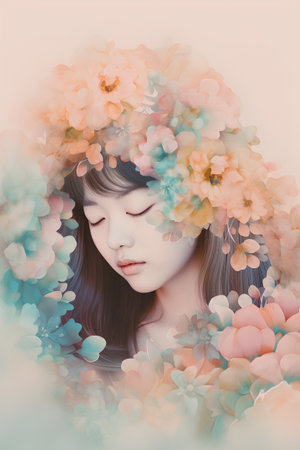 Portrait of a beautiful asian woman with flowers in her hairの素材