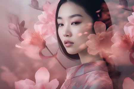 Portrait of a beautiful asian woman with cherry blossom backgroundの素材
